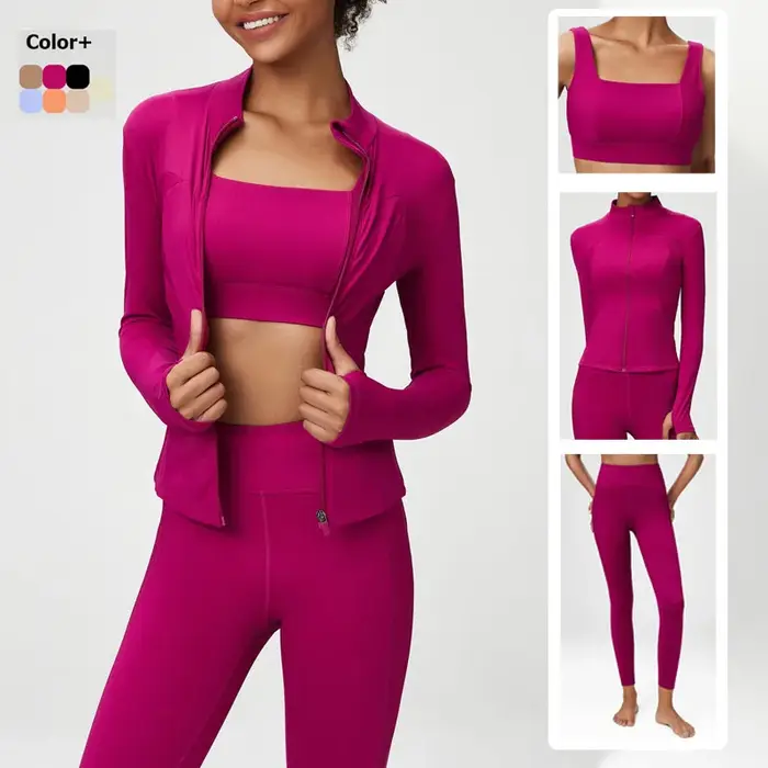 Ensemble yoga fitness femme couleur unie - Soutien-gorge sexy veste leggings 2/3 pièces
