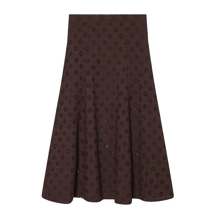 YENKYE Nouvelle jupe midi marron brodée ajourée pour femme 2026, décontractée, taille haute, coupe t
