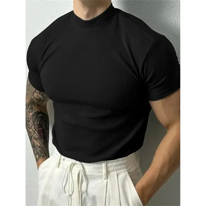Printemps été élastique hommes T-shirt petit col haut rayure chemise à manches courtes haut de fitne