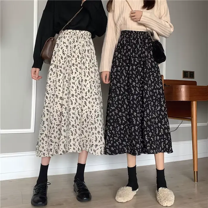 Jupe longue plissée Vintage à imprimé Floral, ligne a, jupe coréenne pour femmes, Streetwear, cordon
