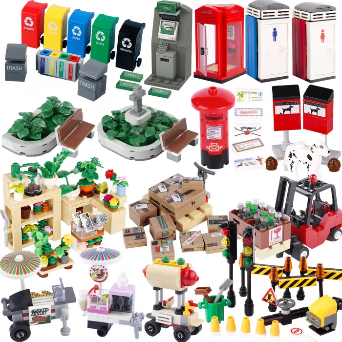 MOC – blocs de construction de stand de nourriture, boîte d'appel, toilettes, vue sur la rue, Pizza,