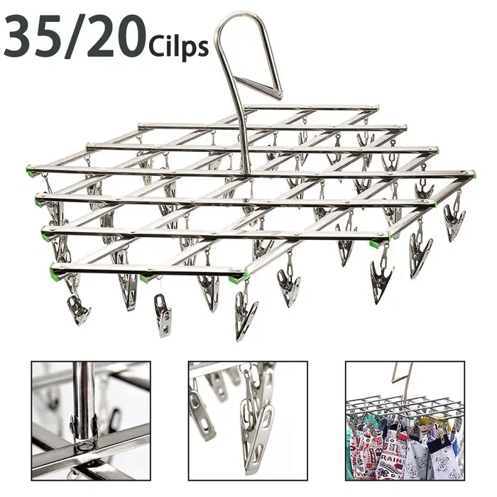 Support de séchage pliant avec 35/20 Clips, en acier inoxydable, coupe-vent, pour sous-vêtements, ch