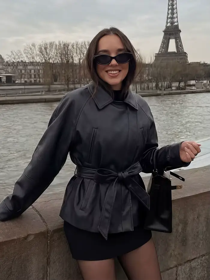 HH Spring Manteau court vintage pour femme en similicuir PU avec ceinture, à manches longues et col 