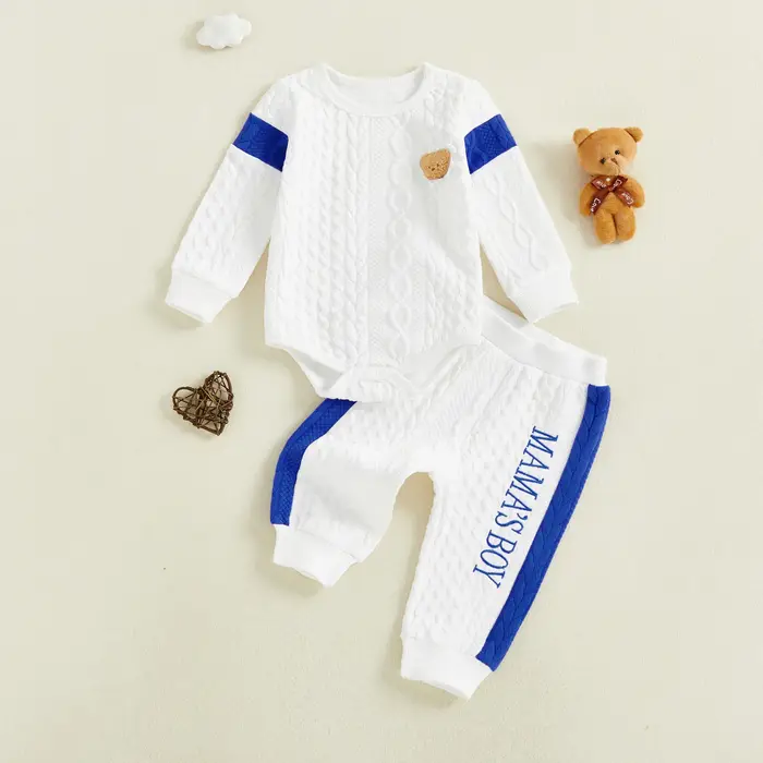 Tenues pour bébé garçon, combinaison texturée à manches longues avec broderie d'ours et pantalon, en
