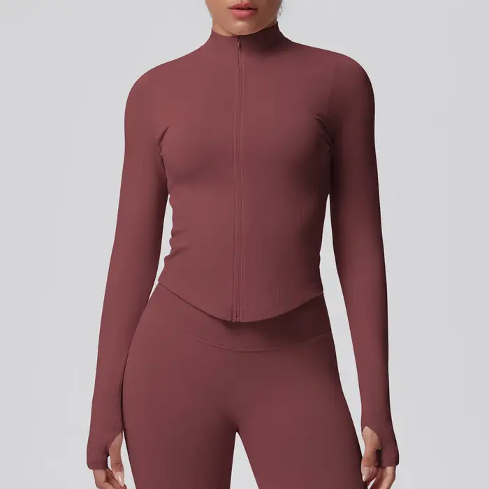 Vêtements de yoga pour femmes, col haut, manches longues, séchage rapide, fermeture éclair, col mont