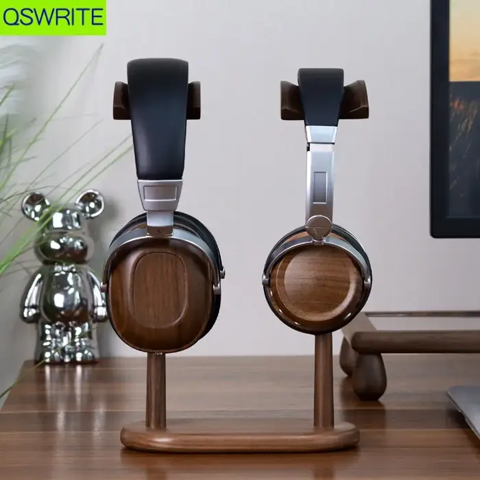 QSWRITE-Support de casque double en bois de noyer, support minimaliste, stockage de contrôle de casq