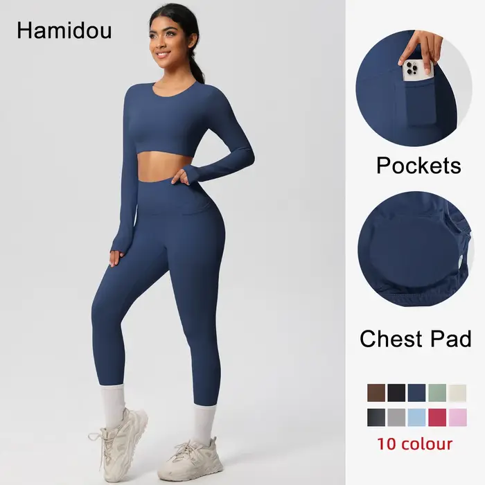 Ensemble de sport et yoga uni pour femme Hamidou – Haut de sport slim avec coussinets de poitrine et