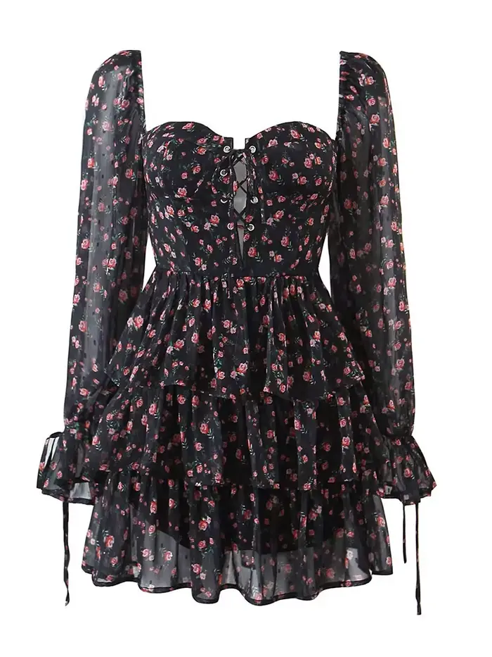 YENKYE automne mode femmes Vintage imprimé fleuri robe en mousseline de soie Sexy Semi-transparent à