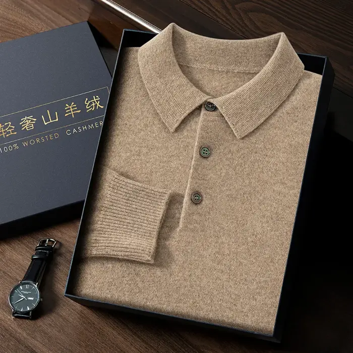 Pull à col POLO en cachemire pour hommes, de haute qualité, doux et élastique, décontracté, couleur 