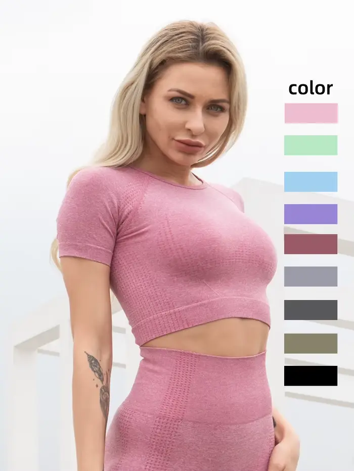 T-shirt yoga femme sans coutures - Haut court fitness séchage rapide pour entraînement et gymnastique