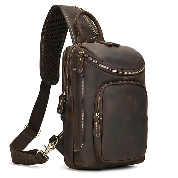 Sac de poitrine en cuir véritable pour homme, sac à bandoulière, sac à dos initié unique, sac de voy