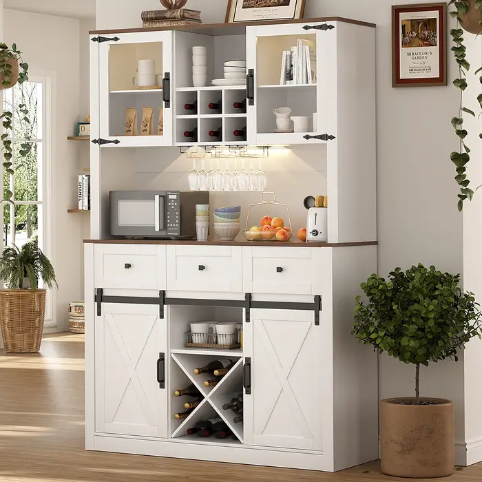 VOWNER-Armoire de bar de ferme avec porte de grange market, buffet de planche avec vin et verres T1,