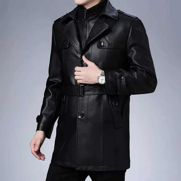 Veste d'hiver en cuir polaire pour hommes, costume d'affaires mi-long décontracté avec col coupe-ven