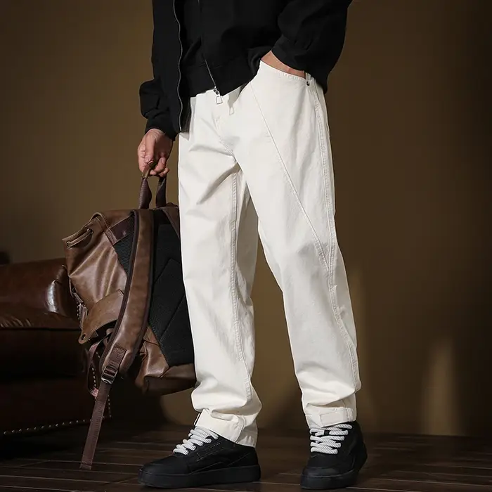 Pantalon drapé rétro américain blanc cassé pour homme, streetwear printemps/été, grande taille 40, p