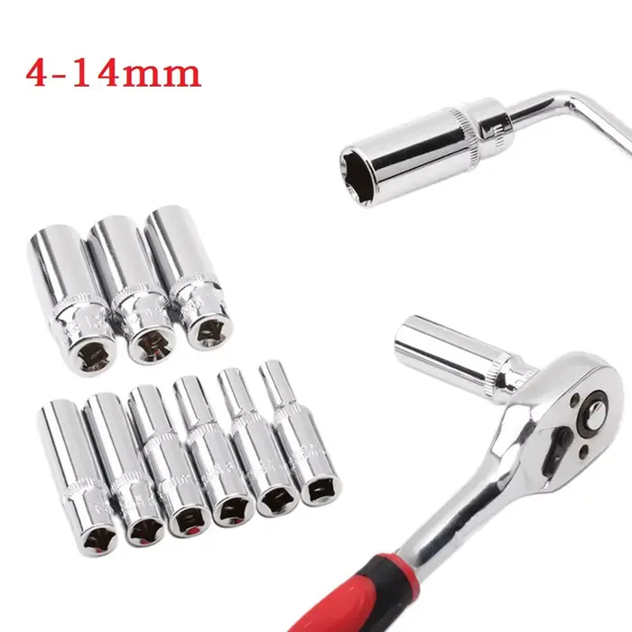 Adaptateur de douille profonde de 4 à 14mm, clé à douille hexagonale de 1/4 pouces, outil à cliquet,