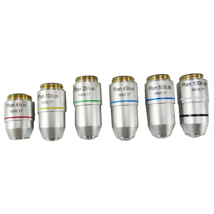 Objectif de Plan de Microscope biologique, lentille 4X 10X 20X 40X 60X 100X RMS, filetage 160/0.17