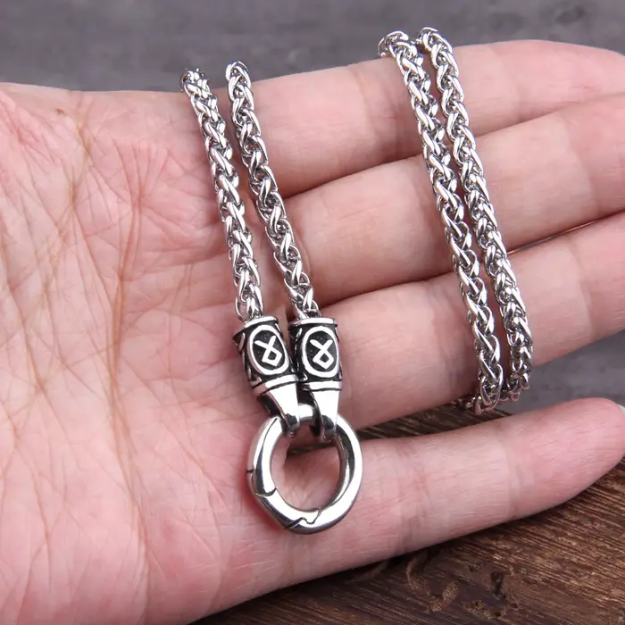 Collier pendentif rune viking nordique avec fermoir rond ouvert, chaîne en acier inoxydable avec boî