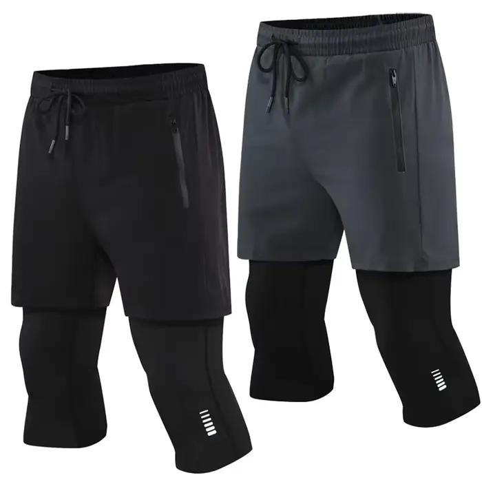 Pantalon court sport serré 2 en 1 homme - Élastique compression séchage rapide été 2024