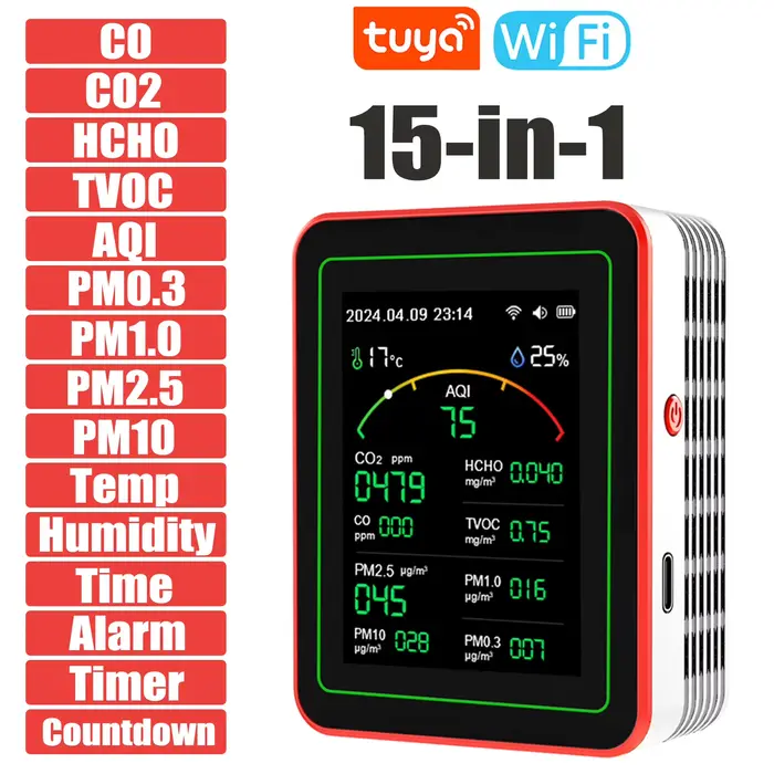 Moniteur de qualité homeairTuya WiFi 15 en 1 Écran TFT Portable AQI PM0.3 PM1.0 PM2.5 PM10 CO CO2 TV