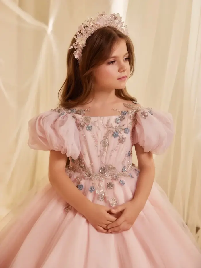 Robe de princesse en dentelle perlée brodée rose pour filles, tenue de fête d'anniversaire avec nœud
