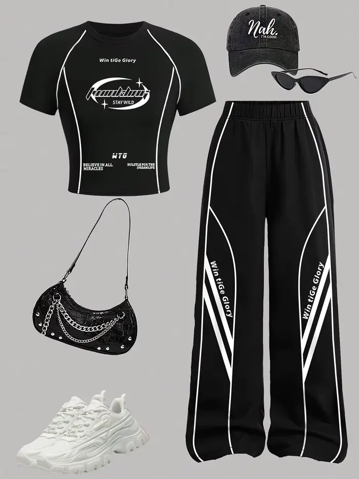 Survêtement 2 pièces pour enfants filles haut court à manches courtes imprimé lettres rayures contrastées pantalon jambes larges taille élastique occasions spéciales jeux sportives