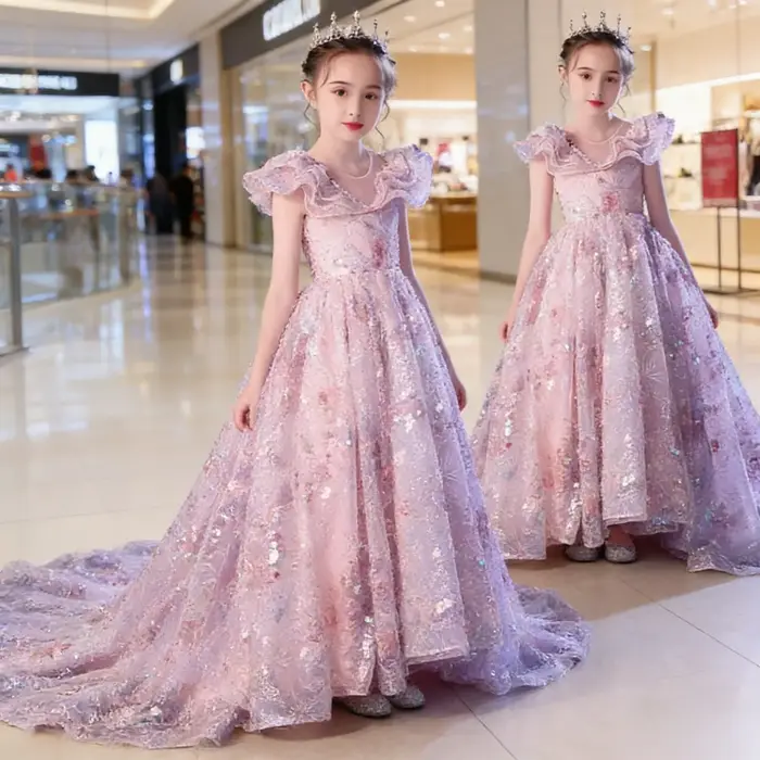 Robe de soirée élégante rose pour filles, style princesse avec traîne, pour petite fille, idéale pou