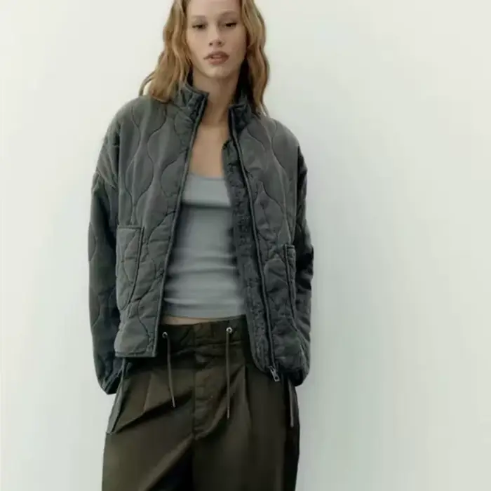 Nouvelle veste en coton pour femme 2025, style ample vintage, col montant, fermeture éclair, grandes