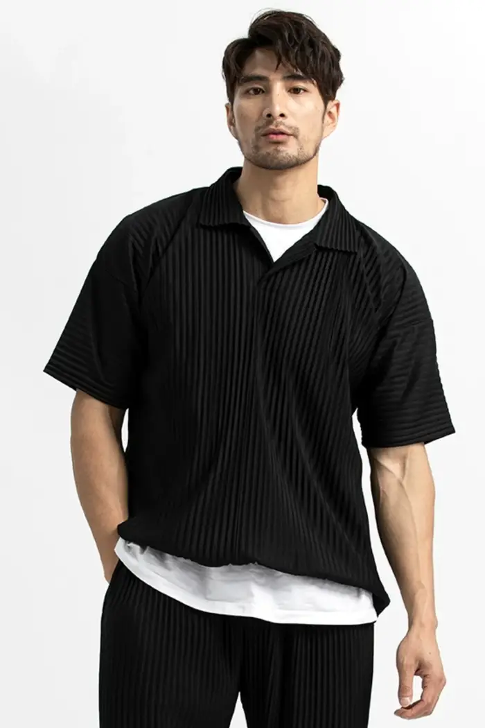 Miyake plissé hommes Polo à manches courtes revers t-shirt respirant ample décontracté plaine haut M