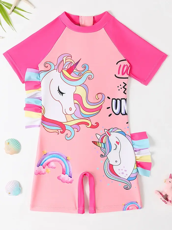 Filles enfants maillot de bain 2026 nouveau arc-en-ciel cheval siamois manches courtes maillots de b
