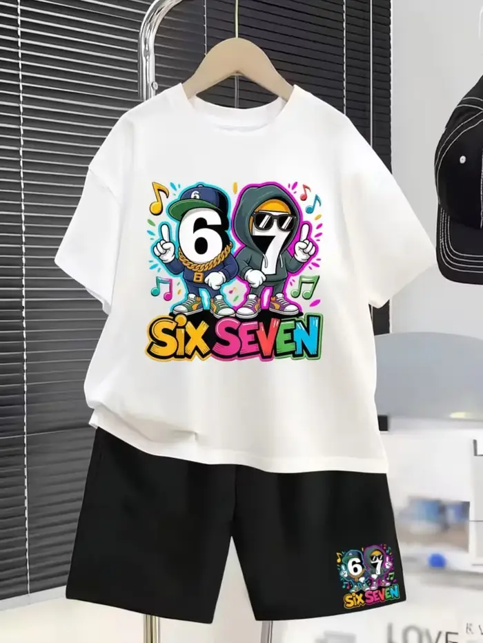 Nouvel ensemble cool 2026 de t-shirt et short pour enfants avec 67 motifs amusants – Vêtements décon