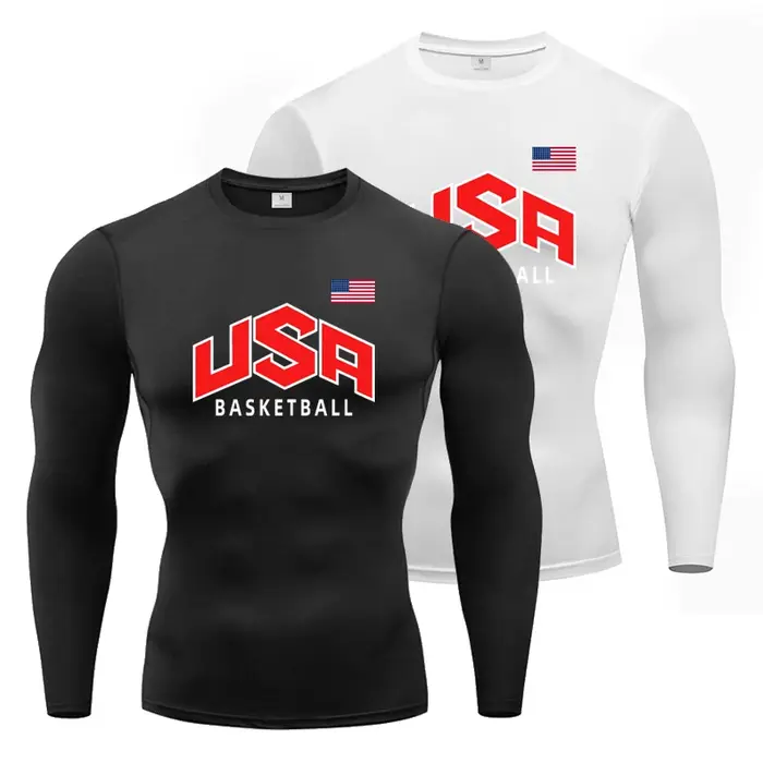 Drapeau américain basket-ball athlétique hommes course T-Shirt Compression à manches longues T-Shirt