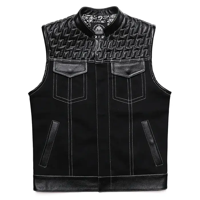 SOA-Gilet de motard en cuir de vachette pour homme, veste en cuir de moto, veste en jean patchwork, 