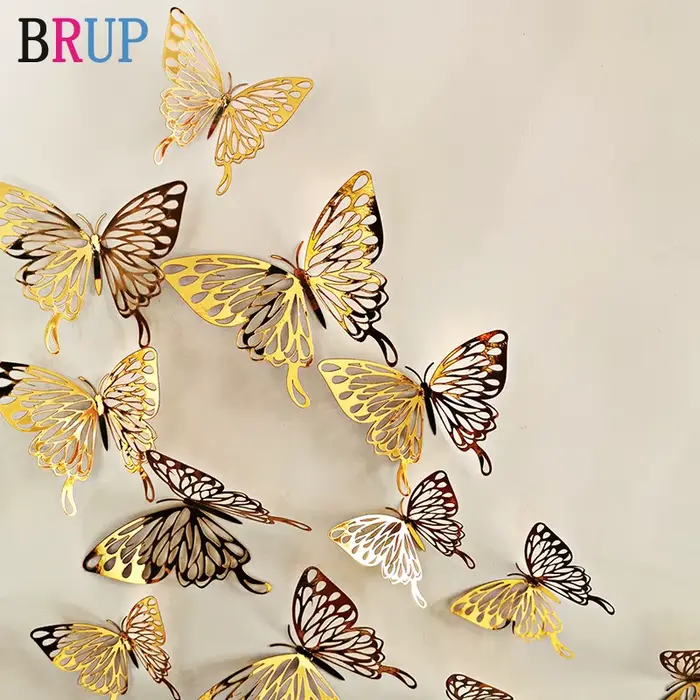 Autocollants muraux papillon doré et argenté creux 3D, 12 pièces/lot, décorations artistiques pour l