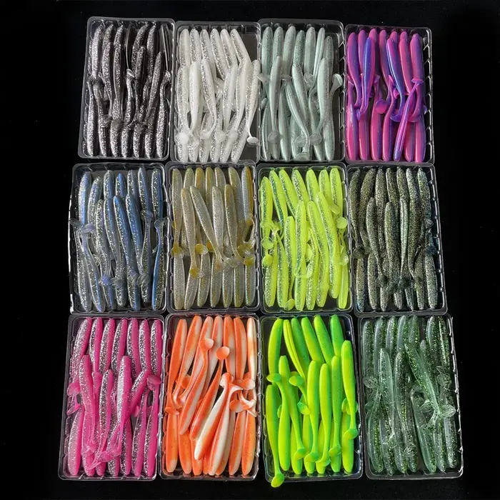12 sachets de leurres de pêche souples en silicone, leurres artificiels bicolores pour la pêche à la
