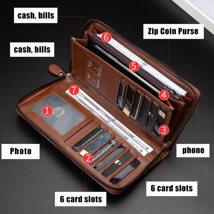 Portefeuille Long à fermeture éclair pour hommes, portefeuille en cuir Pu de haute qualité, blocage 