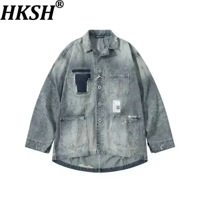 HKSH Nouvelle Veste Chemise Décontractée Oversize en Jean Délavé et Effiloché Jacquard Tendance Prin