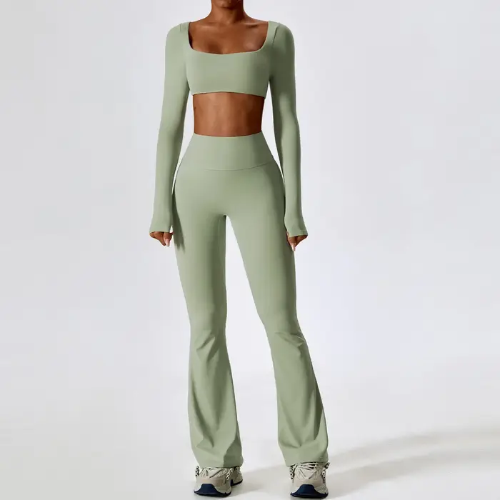 Ensemble de survêtement 2 pièces pour femme : haut court à manches longues et leggings taille haute 
