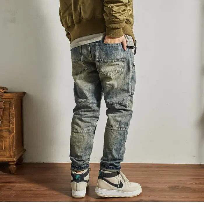 Machete épissage moto jean hommes américain vintage lavage pour faire vieux mince petite jambe droit