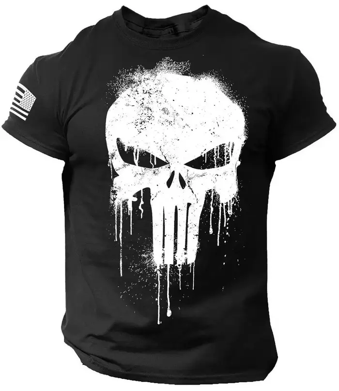 T-shirt pour hommes impression 3D crâne patriotique militaire tombant t-shirt surdimensionné à manch
