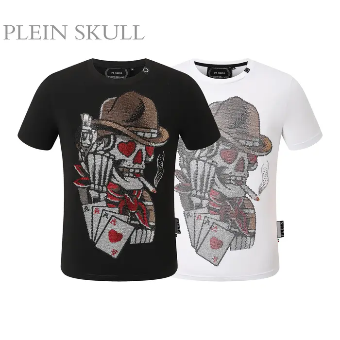 T-shirt PLEIN SKULL de luxe léger à col rond, estampé à chaud, style Hip Hop, streetwear, manches co