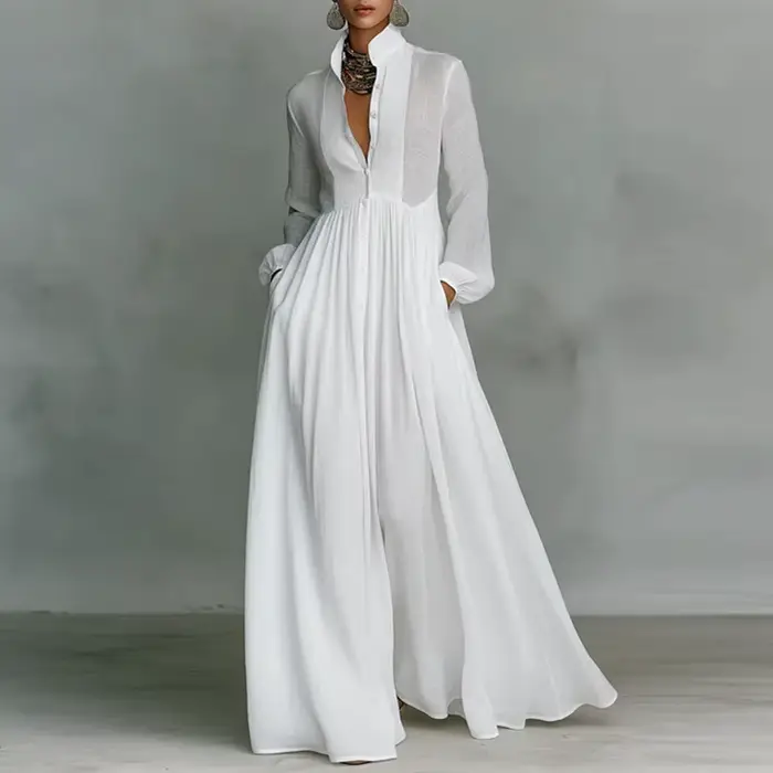 Robe longue élégante à taille haute pour femme, style swing, avec poches, plissée, pour le printemps