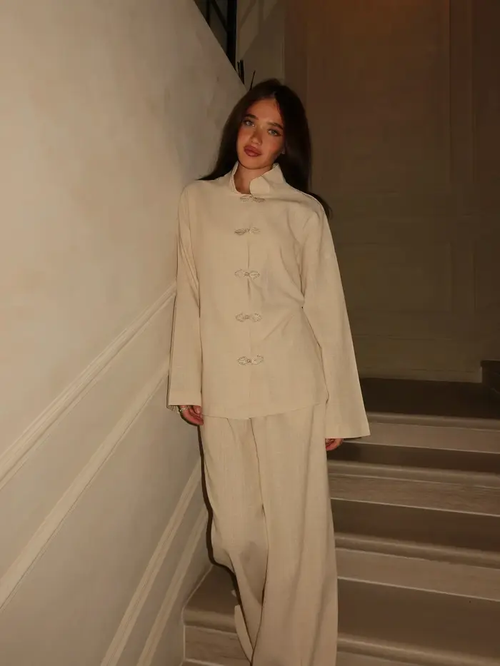 Ensemble pantalon long femme style chinois chic avec boutons grenouille, manteau à col montant simpl
