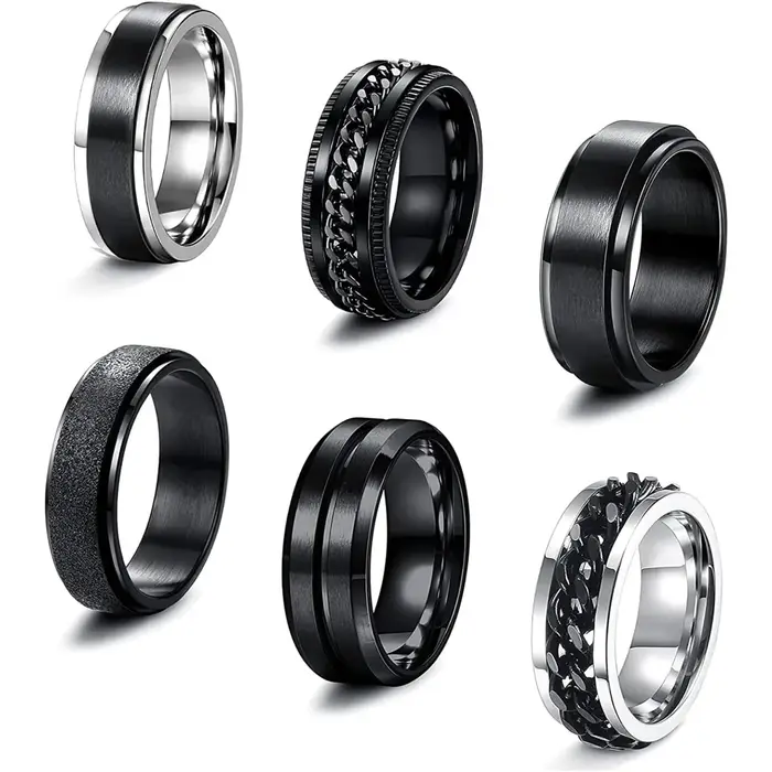 Bobisty 6 pièces anneaux Spinner noirs pour hommes femmes en acier inoxydable Fidget anxiété anti-St