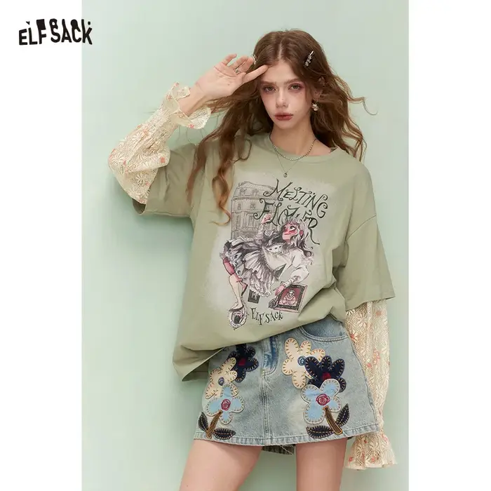 ELFSACK T-shirt faux deux pièces pour femme, haut à manches longues en dentelle avec ourlet à volant