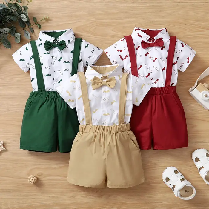 Ensemble de vêtements pour bébés garçons, chemise à manches courtes et col à revers + Short à bretel