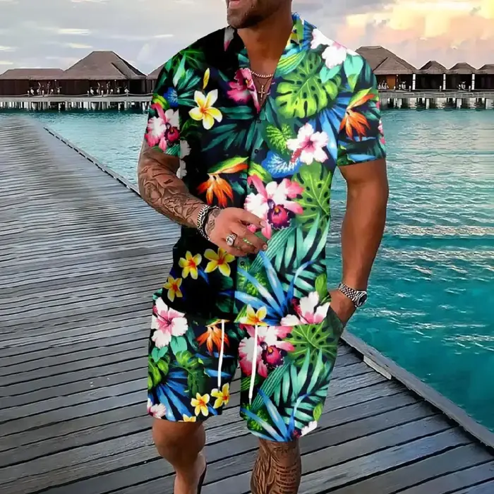 Chemise hawaïenne flamant cocotier impression 3d chemise à manches courtes + Short 2 pièces ensemble