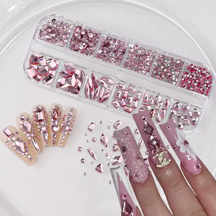 Strass 3D rose pour Nail Art, 12 grilles, pierres précieuses en verre à dos plat, décorations pour N