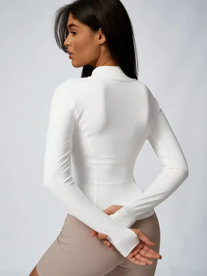 Veste de sport à col roulé avec fermeture éclair de couleur unie pour femmes, haut de sport à manche