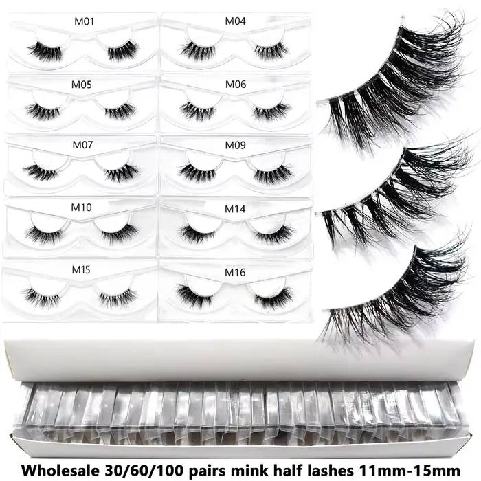 Articles en vrac 10/30/60/100 paires demi-cils de vison naturel longs moelleux vaporeux demi-cils Ex