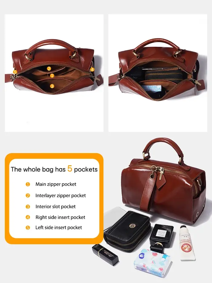 Sac à bandoulière en cuir ciré Zency pour femmes, sac à main avec deux longues sangles
